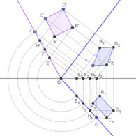 Como abatir un cuadrado contenido en un plano oblicuo sobre el plano vertical (ejercicio resuelto de sistema diédrico)