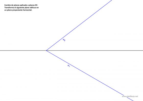 Transformar un plano oblicuo en un plano proyectante horizontal con un cambio de plano horizontal. Ejercicio resuelto en sistema diédrico