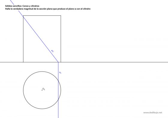 Hallar la sección plana que produce un plano proyectante vertical con un cilindro de revolución. Ejercicio resuelto en sistema diédrico