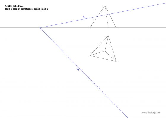 Sección de un plano oblicuo con un tetraedro regular en sistema diédrico. Ejercicio resuelto.