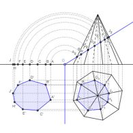 Sección plana de un plano proyectante vertical con una pirámide de base octogonal en sistema diédrico