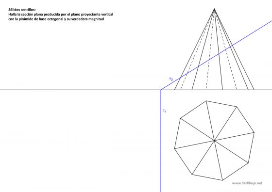 Sección plana de una pirámide octogonal con un plano proyectante vertical - Ejercicio resuelto en sistema diédrico