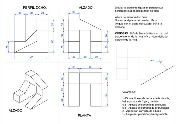 Como dibujar en perspectiva cónica oblicua. Problema resuelto y explicado (9Ca)