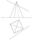 Intersección de una pirámide de base cuadrada con un plano oblicuo alto