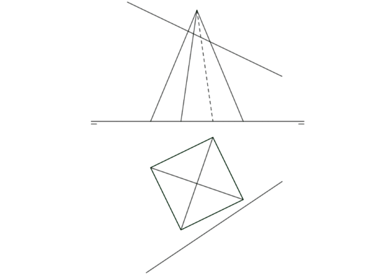 Intersección de una pirámide de base cuadrada con un plano oblicuo alto